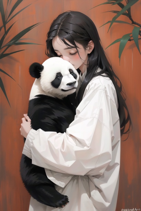  1girl, solo, long hair, , A girl hugs a panda