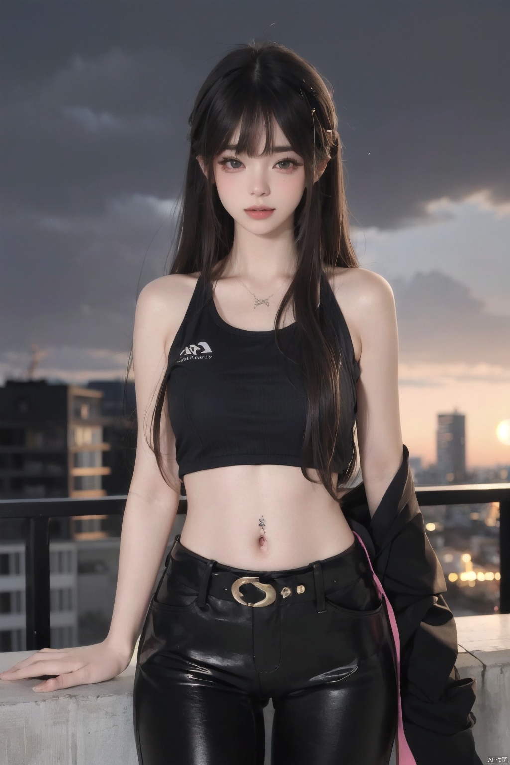  NSFW,Frontal photography,Look front,evening,dark clouds,the setting sun,On the city rooftop,A 20 year old female,Black top,Black Leggings,black hair,long hair, dark theme, muted tones, pastel colors, high contrast, (natural skin texture, A dim light, high clarity) ((sky background))((Facial highlights)), 1 girl, a girl, 1girl , A girl with a tattoo on her right should
