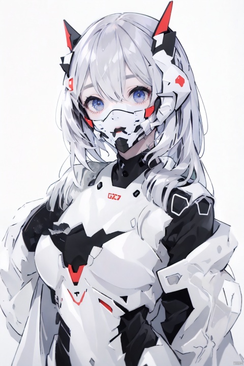  1girl, solo, 
long hair, breasts, 
looking at viewer, bangs, simple background, 
,hair between eyes, white hair, upper body,
 parted lips, grey background, lips, bodysuit, 
 plugsuit, white bodysuit, 
ayanami rei, A Robot,spine,Ribs, ulna, sternum, 
scapula, clavicle, mandible,T
ransparent skin,Translucent, Translucent Latex, a mask, masked mecha hard style