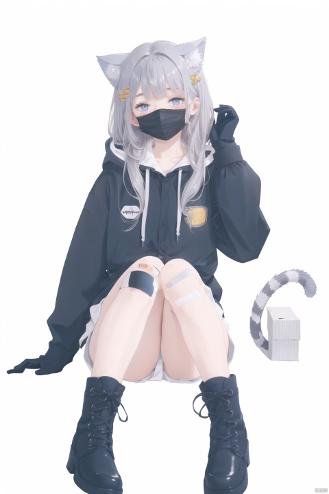  1girl, solo, 
long hair, 
looking at viewer, 
Transparent clothes, mechanical metal behind frosted texture
blush, bangs, blue eyes, shirt, hair ornament, gloves, long sleeves, white background, animal ears, sitting, very long hair, tail, white shirt, grey hair, boots, parted lips, virtual youtuber, cat ears, 
hood, black footwear, cat tail, mask, cat girl, box, knees up, eyebrows hidden by hair, 
mask on head,, bandaid on leg, cardboard box, in box, sleep mask