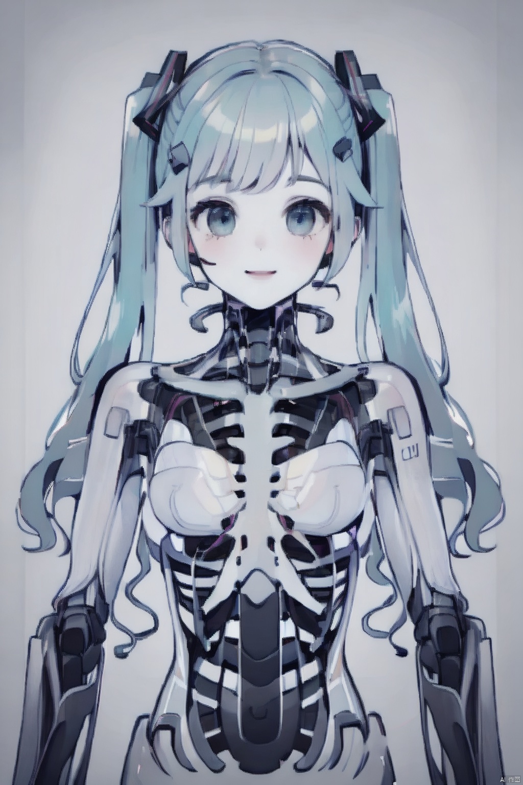  1girl, solo, long hair, looking at viewer, smile, bangs, shirt, hair ornament, bare shoulders, twintails, very long hair, closed mouth, upper body, detached sleeves, necktie, sleeveless, collared shirt, grey background, aqua eyes, lips, sleeveless shirt, aqua hair, tattoo, grey shirt, realistic, black sleeves, aqua necktie, hatsune miku, , A Robot,spine,Ribs, ulna, sternum, scapula, clavicle, mandible,Transparent skin