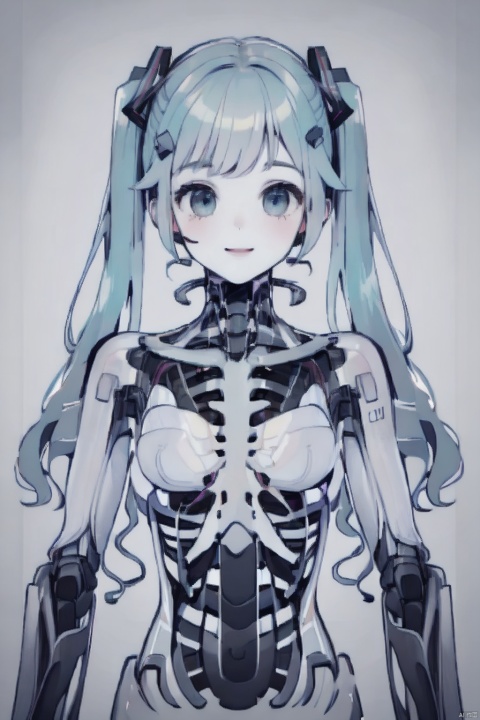  1girl, solo, long hair, looking at viewer, smile, bangs, shirt, hair ornament, bare shoulders, twintails, very long hair, closed mouth, upper body, detached sleeves, necktie, sleeveless, collared shirt, grey background, aqua eyes, lips, sleeveless shirt, aqua hair, tattoo, grey shirt, realistic, black sleeves, aqua necktie, hatsune miku, , A Robot,spine,Ribs, ulna, sternum, scapula, clavicle, mandible,Transparent skin
