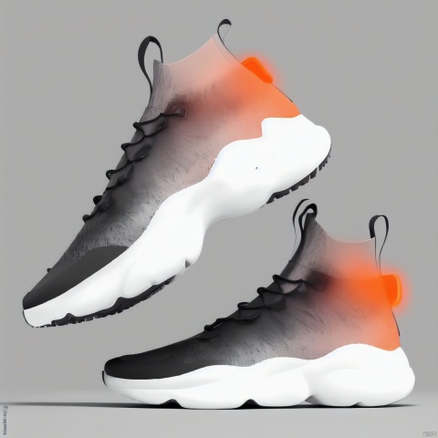 A orange shoe design, side view,white background, greyscale, shoes,, grey background, no humans, sneakers, still life, conceptual design, masterpieces of art.Anisotropic soles, shoe design, 1girl