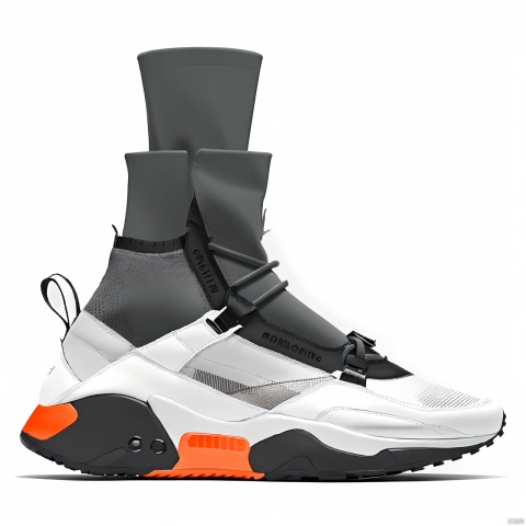  A orange shoe design, side view,white background, greyscale, shoes,, grey background, no humans, sneakers, still life, conceptual design, masterpieces of art.Mechanical soles, shoe design