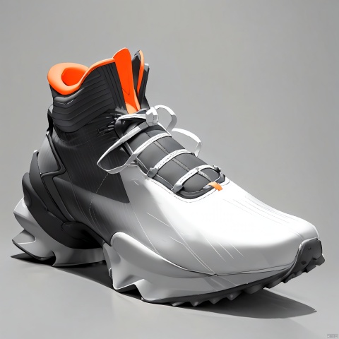  A orange shoe design, side view,white background, greyscale, shoes,, grey background, no humans, sneakers, still life, conceptual design, masterpieces of art.Anisotropic soles, shoe design, 1girl