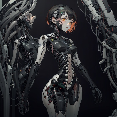  1girl, solo, short hair, bangs, simple background, black hair, brown eyes, multicolored hair, cowboy shot, orange hair, orange eyes, black background, science fiction, android, joints, cyborg, ribs, skeleton, robot joints, bone, mechanical parts, spine, 1girl Robot, A Robot