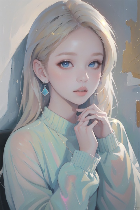  1girl, solo, looking at viewer, bangs, blue eyes, blonde hair, long sleeves, jewelry, upper body, earrings, sweater, lips, fingernails, own hands together, realistic, Illustration , oilpainting,Oil on Canvas, Colour, Haze, Thick Paint, faxa, hologram girl, acrylic painting, caiyi