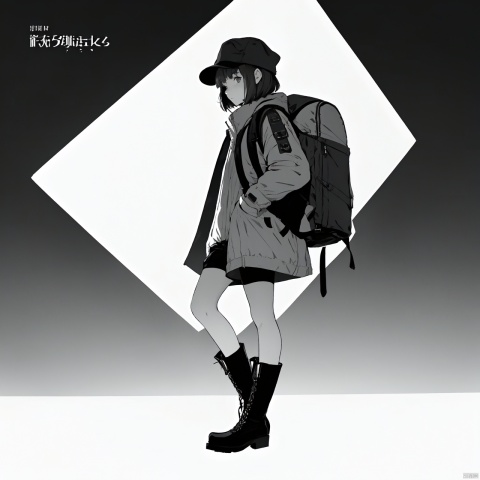  1adult girl, 
best quality, , shorts, 
full body, white background,
, looking at viewer, monochrome, 
,text focus, title parody, 
boots, character name, coat, hat, 
 cover, backpack, artist name, 
short shorts, greyscale, simple background, 
tail,
, solo, short hair,