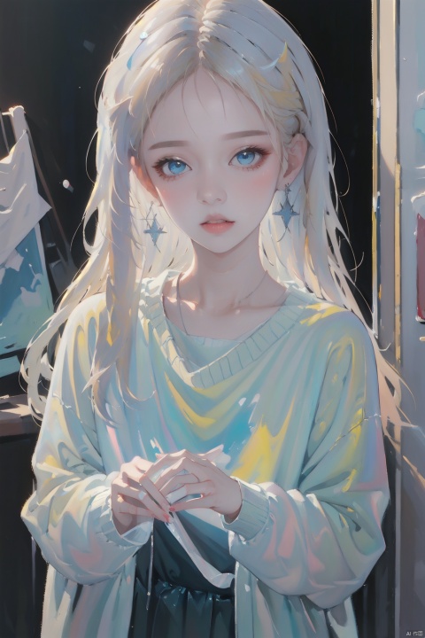  1girl, solo, looking at viewer, bangs, blue eyes, blonde hair, long sleeves, jewelry, upper body, earrings, sweater, lips, fingernails, own hands together, realistic, Illustration , oilpainting,Oil on Canvas, Colour, Haze, Thick Paint, faxa, hologram girl, acrylic painting, caiyi, Light master