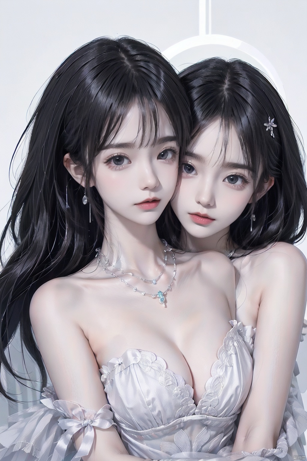  2 girls hugging and kissing, pink jk
 Breasts, , white background , simple background
, Black straight hair, 
, cleavage, bare shoulders,
 Jewellery, Medium Breasts,
Collarbone,
 Necklace, Strapless 
Moles, Lips
 Strapless 
Moles on breasts, Earrings,
, Costume Design,
Illustration, Painting,
