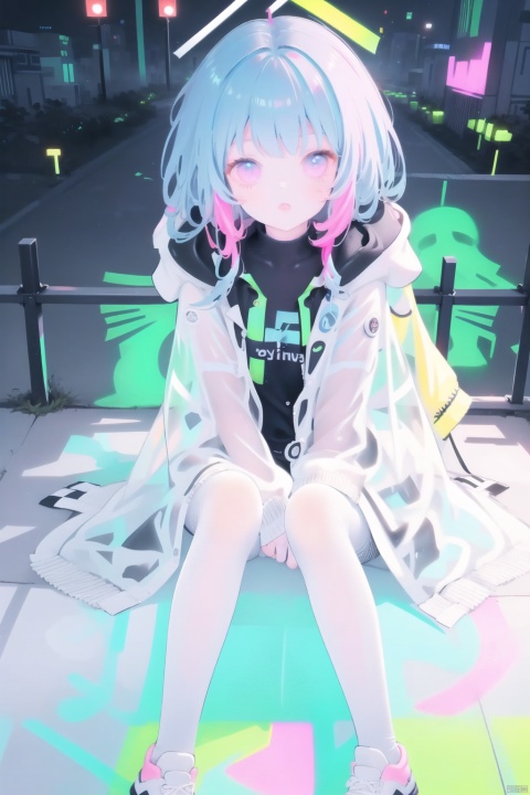  1girl, solo, 
lively long blue hair,(see through fluorescent graffiti coat:1.3) , sitting on the railing, overlooking the night view of the city,, deepth of field,see through ,xray girl,xray bones arms an leg,(lively face),, (((masterpiece,best quality))),((good structure,Good composition,good atomy)), ((clear, original,beautiful)),