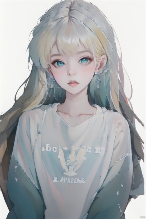  1girl, solo, looking at viewer, bangs, blue eyes, blonde hair, long sleeves, jewelry, upper body, earrings, sweater, lips, fingernails, own hands together, realistic, Illustration , oilpainting,Oil on Canvas, Colour, Haze, Thick Paint, faxa, hologram girl, acrylic painting, caiyi, 30710, white pantyhose