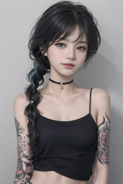  1girl, solo, long hair, breasts, looking at viewer, smile, bangs, blue eyes, simple background, holding, bare shoulders, closed mouth, blue hair, upper body, braid, small breasts, choker, grey background, arm up, crop top, gradient, bare arms, gradient background, tattoo, blue background, gem, asymmetrical bangs, arm tattoo, shoulder tattoo, jinx \(league of legends\), 1 girl 
