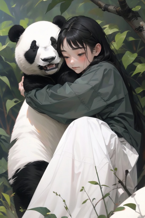  1girl, solo, long hair, , A girl hugs a panda