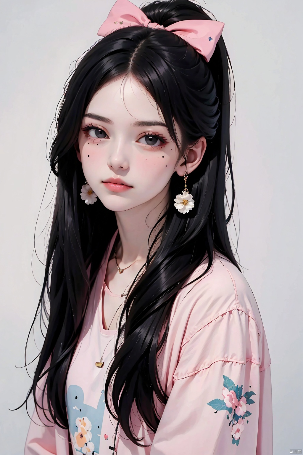 1girl, solo, long hair, looking at viewer, shirt, black hair, long sleeves, bow, jewelry, closed mouth, upper body, ponytail, hair bow, earrings, necklace, mole, black eyes, mole under eye, floral print, ring, white bow, pink shirt,long hair, looking at viewer, shirt, black hair, 