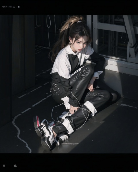  1 girl, cool
 long hair, sitting, black trousers, braids, black hair, alone, shoes, looking at the audience, white shoes, piercings, long sleeves, shirt, white shirt, full body, socks, headrest, white socks, pierced ears, closed mouth, earrings, trainers, blush, jewellery, lips, 30710, white pantyhose