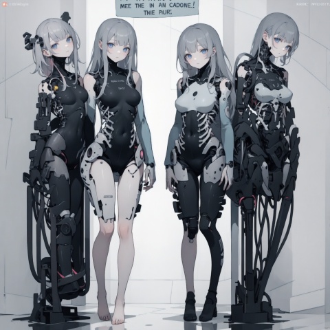  long hair, breasts, looking at viewer, blue eyes, multiple girls, holding, 2girls, standing, grey hair, barefoot, pink eyes, english text, head tilt, book, bodysuit, x-ray, ribs, skeleton, mechanical parts