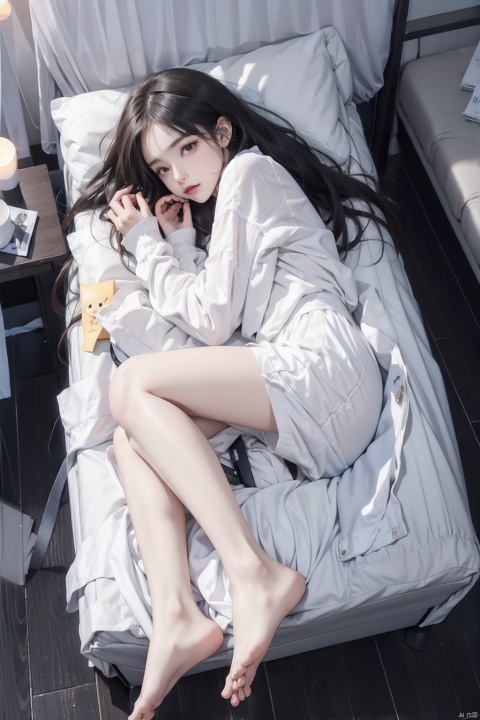  1girl, solo, long hair, brown hair, shirt, black hair, long sleeves, underwear, full body, closed eyes, lying, barefoot, indoors, feet, bare legs, toes, from above, on side, soles, table, cat, sleeping, couch, white shorts, wooden floor, realistic