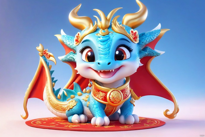 Cute baby dragon, cute, poakl cartoon newyear style,best quality,masterpiece, Ultra-high quality, Chinese New year, Gold accents, Blue auxiliary, Xiangyun, White background, Details, Panoramic view, Add details, Upper body, Positive perspective, 3D rendering, poakl cartoon newyear style,,