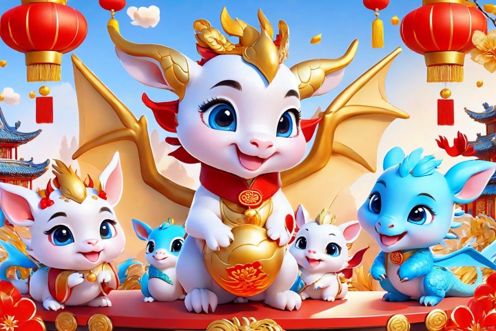  many animals, cute, poakl cartoon newyear style,best quality,masterpiece,   Ultra-high quality,  Chinese New year,  Gold accents,  Blue auxiliary,  Cute baby dragon,  Xiangyun,  White background,  Details,  Panoramic view,  Add details,  Upper body,  Positive perspective,  3D rendering,  poakl cartoon newyear style,,