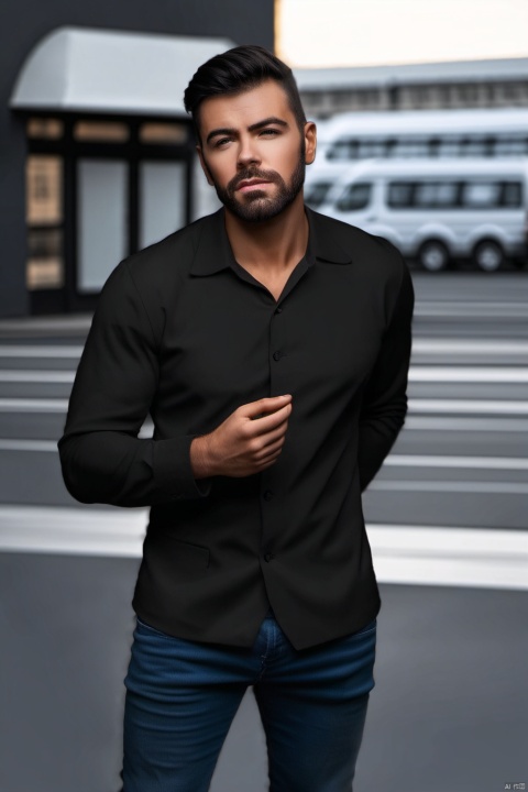  handsome guy, young man, alone, standing on an open street, with slightly curled black hair, , dnaball