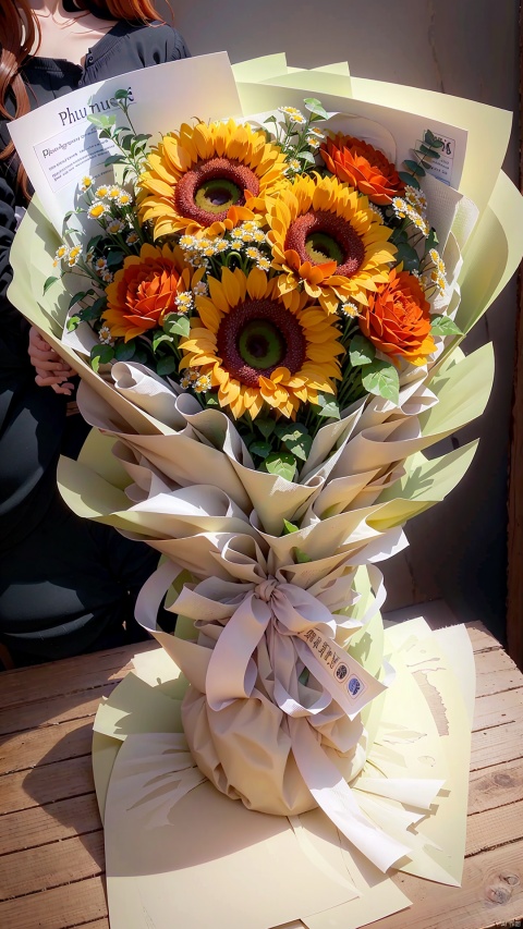  (Best quality: 1.1), (Realistic: 1.1), (Photography: 1.1), (highly details: 1.1),Monochrome background,  bouquet, Flowers, 1 sunflower, 3 fragrant roses, several orange multi headed roses, chamomile, with grass packaging: dual color packaging paper, double-sided polyester ribbon, no background