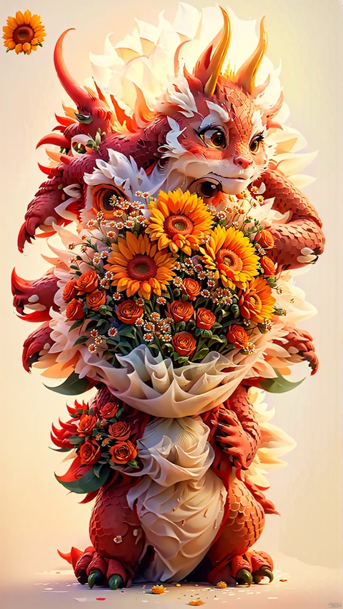  (Best quality: 1.1), (Realistic: 1.1), (Photography: 1.1), (highly details: 1.1), bouquet, Flowers, 1 sunflower, 3 fragrant roses, several orange multi headed roses, chamomile, with grass packaging: dual color packaging paper, double-sided polyester ribbon
