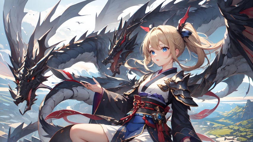 a girl  wearing white dragon armor, 4k, Masterpiece, best quality, a blonde small cute girl with braded ponytails and blue eyes is wearing a black kimono, while flying over a beautiful landscape with a lot of blue mountains,more_details, dragon