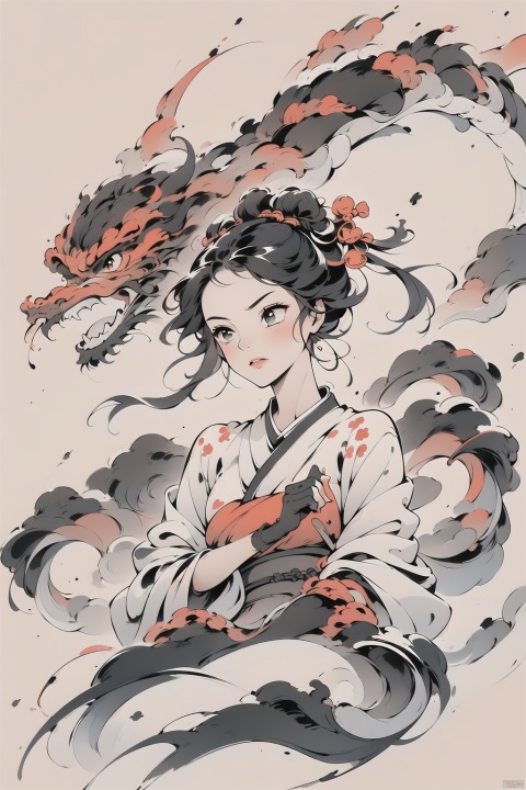  1girl,solo,dragon,中国风,ink wash painting, Ink scattering_Chinese style, (\shi shi ru yi\)