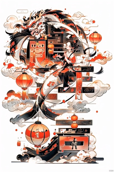 （ 1girl）,solo,Chinesedragon,Chinese New Year,Lanterns, firecrackers, a festive atmosphere,the year of the dragon,ink wash painting, Ink scattering_Chinese style, (\shi shi ru yi\), Illustrator, chinese new year