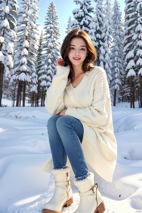  1girl,realism, HD 16k, snow, winter,sexy Short jeans,oversize breasts, light master, bare long legs, light rays,snow mountain,laugh,white sweater,snow boots,Dynamic posture,