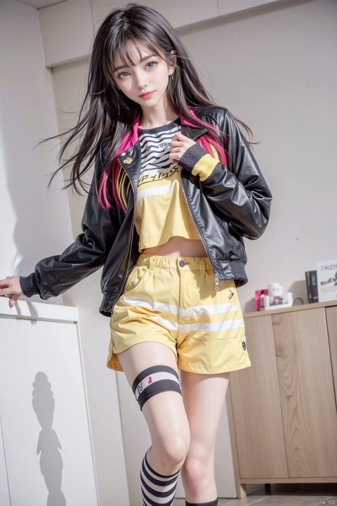  1 girl, Bangs, yellow shorts, blue eyes, blush, earrings, (Colorful hair) , body, interior, jacket, jewelry, Colorful hair, long sleeves, look at the audience, unzipped jacket, yellow vest, shoes, shorts, smile, independent, standing, (with striped stockings on one leg) , very long hair, indoors,