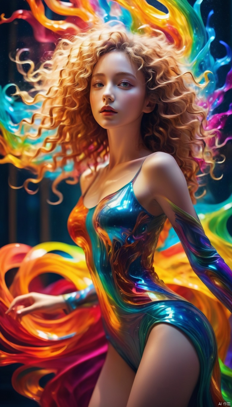 Dynamic posture,nude body, nude,Colorful and elegant curly hair, (wide shot, wide angle, from below, full body shot), HDR, Vibrant colors, surreal photography, highly detailed, masterpiece, ultra high res, high contrast, mysterious,cinematic, fantasy, bright natural light, sexy and lively girl,