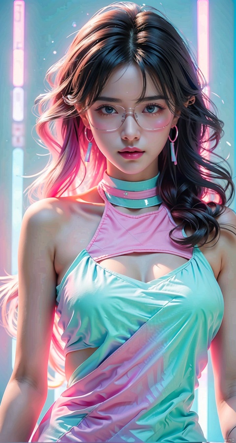 Dimensional Armory，sexy girl in bare-shoulder dress,perfect figure,big breasts,glowing eyes,with long white hair,wearing black glasses frame,glowing pink special effects,gradient pink and blue Lights,light blue background,rich details,Expose the mechanical mask of the eyes,ultra high resolution,32K UHD,best quality,masterpiece,