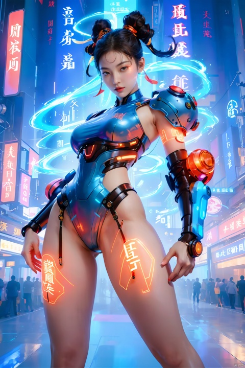  (masterpiece, best quality: 1.2) , 16K, horizontal image quality, future technology, 1girl, dynamic pose, look up,glowing clothing, multi-line light on body, multi-light clothing, glowing text on body, chinese Chun-Li in a cyberpunk-style mech suit, meatball head, nude,（nude：1.6）,Breasts,（Breasts：1.5） ,nipples,(glowing electronic screen) , (electronic message flow: 1.3) , holographic projection, (glowing electronic screen on ARM: 1.2) , glowing text on thigh, (girl pose: 1.2) , glowing e-shoes, (body: 1.2) , colored smoke, city blocks, cyberpunk city background, glow, neon,