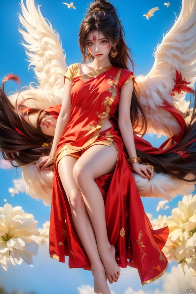  1girl, 
(red fire,magic),(glowing eyes:1.3), 
chest,electricity, lightning,
white magic, aura,,
Front view,air,cloud,
backlight,looking at viewer,,white hair
very long hair,hair flowe
 meidusha,
full_body,(bare feet,:1.2)(flying in the sky:1.6),(Stepping on the clouds:1.2),(Red Angel Wings:1.2), wings, tiandunv, Indian Beauty