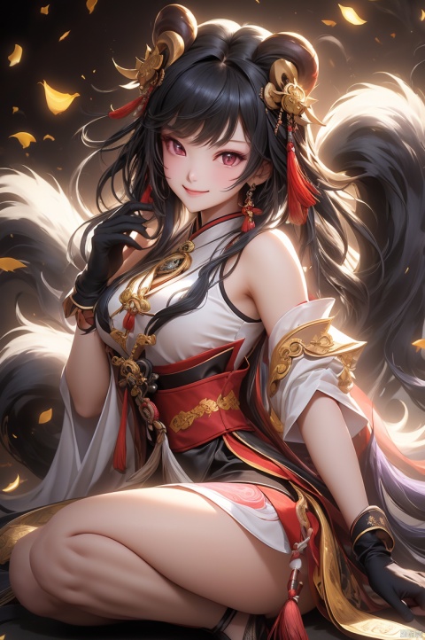  ((masterpiece, best quality, best shadow, official art, correct body proportions, Ultra High Definition Picture, master composition)), (bust:1.2), (best hands details:1.4),
//////
1girl, solo, long hair, breasts, bangs, (black_glove), bare shoulders, medium breasts, blue hair, purple eyes, ahoge, sidelocks, detached sleeves, horns, black gloves, qipao, high heels, bell, black background, tassel, neck bell, low ponytail, white sleeves, gold trim, vision \(genshin impact\), goat horns, chinese knot, ganyu \(genshin impact\), plump, smile, (looking_at_viewer), lying,
//////
(dark background:1.2), (simple background) ,
//////
1girl, Metal_wing, cute girl, yuzu, ganyu_(genshin_impact), mature female