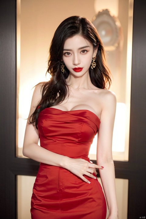  sdmai, hongchen, 1girl, solo, red dress, black hair, realistic, breasts, jewelry, earrings, looking at viewer, 1 girl,long wavy hair,red lipstick,（big breast）,（nipples）,open dress