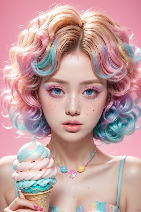  1girl, solo, looking at viewer, short hair, blue eyes, hair ornament, holding, jewelry, blue hair, collarbone, cowboy_shot, pink hair, multicolored hair, parted lips, food, artist name, necklace, nail polish, two-tone hair, lips, eyelashes, makeup, watermark, pink background, holding food, pink nails, eyeshadow, freckles, curly hair, ice cream, ice cream cone, mascara,candy , makeup , multicolored hair,lollipop