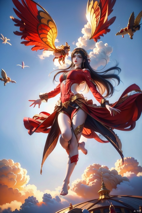  1girl, aura,,
Front view,air,cloud,
backlight,looking at viewer,
very long hair,hair flowe
full_body,(bare feet,:1.2)(flying in the sky:1.6),(Stepping on the clouds:1.2),Indian Beauty
