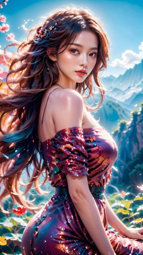  beautiful cute crystal girl in 16 years old, detailed evil eyes, (incredible details, cinematic ultra wide angle, depth of failed, hyper detailed, insane details, hyper realistic, high resolution, cinematic lighting, soft lighting, incredible quality, Realistic Skin,Solo,beautiful face,Large Breasts,((Sheer Dress)),lowleg,(off-shoulder dress),(One shoulder strap fell off),(nude breasts)，Long Wavy Hair, Cowboy Shot, Smooth shoulders,Slim Waist,dynamic shot,Hair with scenery,The eye,yuyao,(huliya,fox,(fox ears:1))