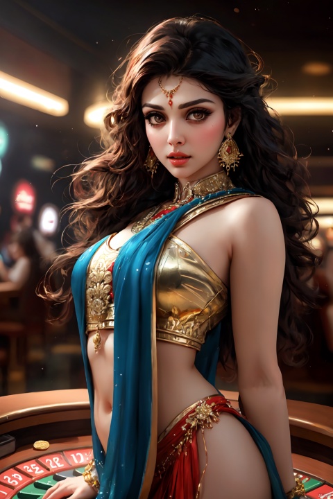  Playing game in a casino where the tables are full of chips and gold coins, Indian Gorgeous Dresses, Masterpieces, Aditi Rao hydari Face close-up Ink splash art, Ink drawings, Beautiful kpop idol, Perfectly beautiful and lovely face, Perfectly proportioned, Perfect body, full-length phoor portrait, Intricate ultra-fine hair, Intricate super-fine eyelashes, Intricate super-fine glistening pupils, Full body visibility, Skinny abs, Sweat, Anxiety, HDR, UHD, High Resolution, 64K, Cinematic Lighting, Special Effects, High Definition Octave Rendering, Professional Photographs, Studio Lighting, Trends on artstation, Bokeh,exotic_dance