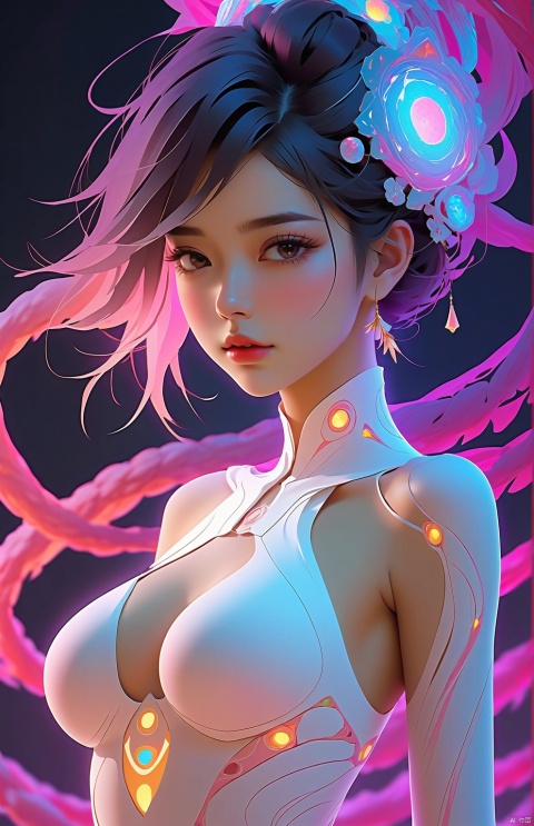 1girl,cute face,long hair,Abdomen, navel,frilly hairstyle,8k,ultra-detailed,highres,(best quality, masterpiece:1.2),(deformad neon light:1.3),soft particles of fractal fire,volumetric lighting,colorful,((extreme details)),glow,Navel, thighs,impossible figures,paradoxical art,paradox,impossible geometry,hypercube,Beautiful Psychedelic Trippy White Intricate Detailed Elaborate,solo,,(machine made joints:1.4),((machanical limbs)),(explosed muscles),(blood vessels connected to tubes),((mechanical cervial attaching to neck)),,expressionless,small breasts,short hair,science fiction,
