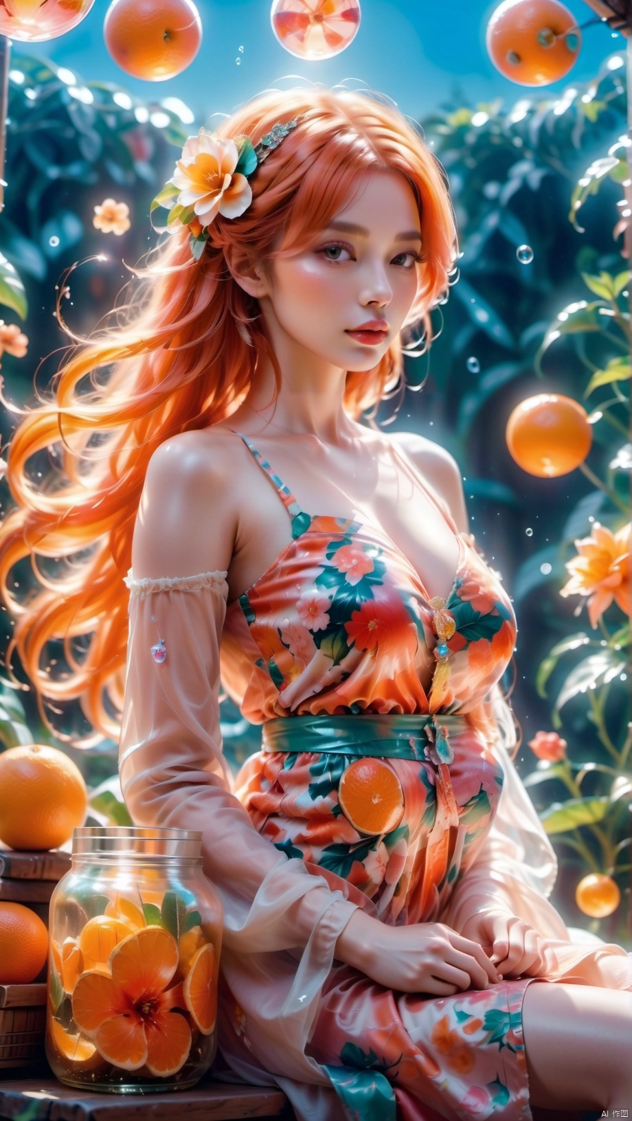 (masterpiece), (best quality), illustration, ultra detailed, hdr, Depth of field, (colorful), loli,(flowers background:1.45),(transparent background:1.3)(an extremely delicate and beautiful girl inside of glass jar:1.2), (glass jar:1.35),(solo:1.2), (full body), (beautiful detailed eyes, beautiful detailed face:1.3), (sitting ), (very long silky hair, float white hair:1.15), (medium_breasts, tally and skinny:1.2), (Colorful dress:1.3), (extremely detailed lace:0.3), (insanely detailed frills:0.3),(hairband , orange hair_ornament:1.25),orange cans,water surface,full body,(bottle filled with orange water,bottle filled with Fanta:1.25), (many fruits in jar, many Sliced_fruits in jar:1.25), (many bubbles:1.25), Colorful Girl