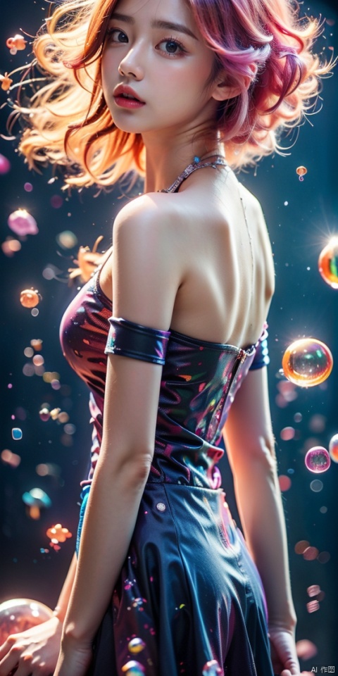  Colorful Girl, 1Girl,Colorful bubbles, multi colored bubbles,Close up, sideways, upper body, above buttocks, off the shoulder, strapless dress, black thin suspender, looking at the camera, short hair, purple gradient hair, gradient background, colorful bubble background, depth of field,hand,流光