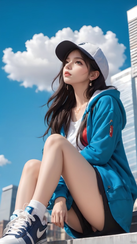  1girl,baseball cap,black hair,blue sky,blurry background,building,choker,city,cloud,cloudy sky,day,depth of field,earrings,Looking up,From below,from below,full body,Hoodies and pants,Sitting posture,hat,jacket,jewelry,lips,long hair,looking at viewer,motion blur,outdoors,shoes,sitting,sky,skyscraper,sneakers,solo,sole,Shoes close to the camera