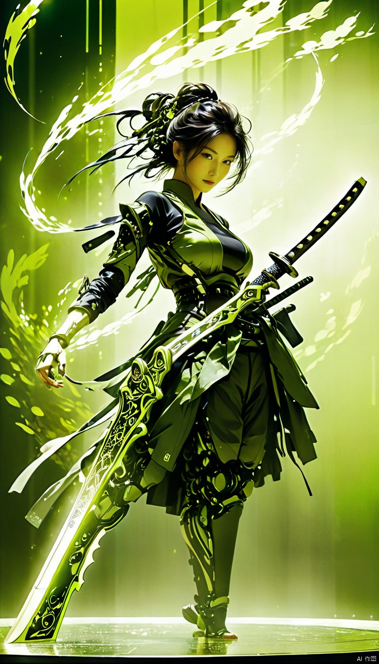  Closeup Portrait,Dynamic pose By yoji shinkawa,a Female Busty ninja gracefully posing in Fight stance with katana,overhelming intricate details,masterpiece cascading olive-green sharp ascii_art streams of data. Illuminate the fusion of artistry and innovation in this mesmerizing image.bailing_glitch_effect,
atmospheric haze,Film grain,cinematic film still,highly detailed,bailing_robot,robotics,machine_robo,Matte Metal,