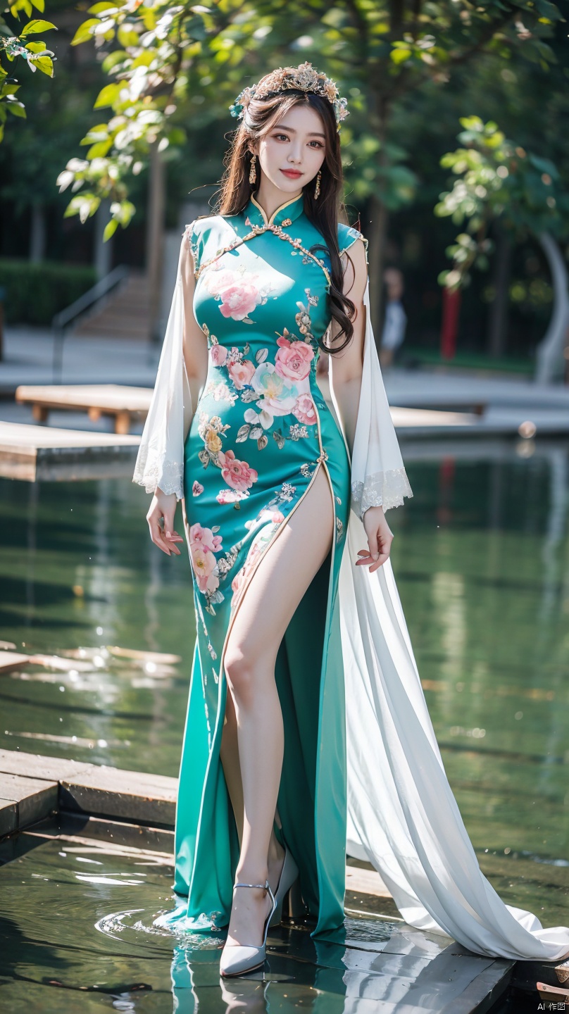  (Best quality, masterpiece, details), full body, 1 girl, beautiful face, wearing traditional Chinese clothing, side slit lace dress, plump figure, smile, red crowned crane, complex clothing, exquisite plant depiction, floral background, details, highly detailed, full of hidden details, real skin, red and turquoise, hydrangea,blue, (mountain), (River), an epic scene, liushishi