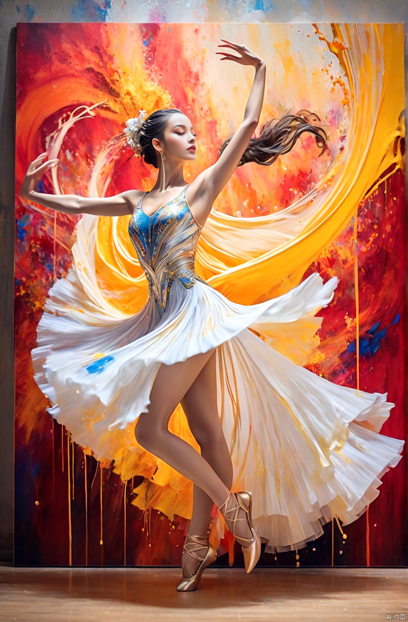  A stunning photograph of a talented artist's work, depicting a graceful, dancing female figure. Splashes of vibrant red, orange, and yellow paint come together to create a mesmerizing and passionate image. The dancer's arms and legs seem to move fluidly, capturing the essence of dance and motion. The background of the photo showcases a vibrant, colorful canvas, highlighting the artist's unique style and creativity., photo