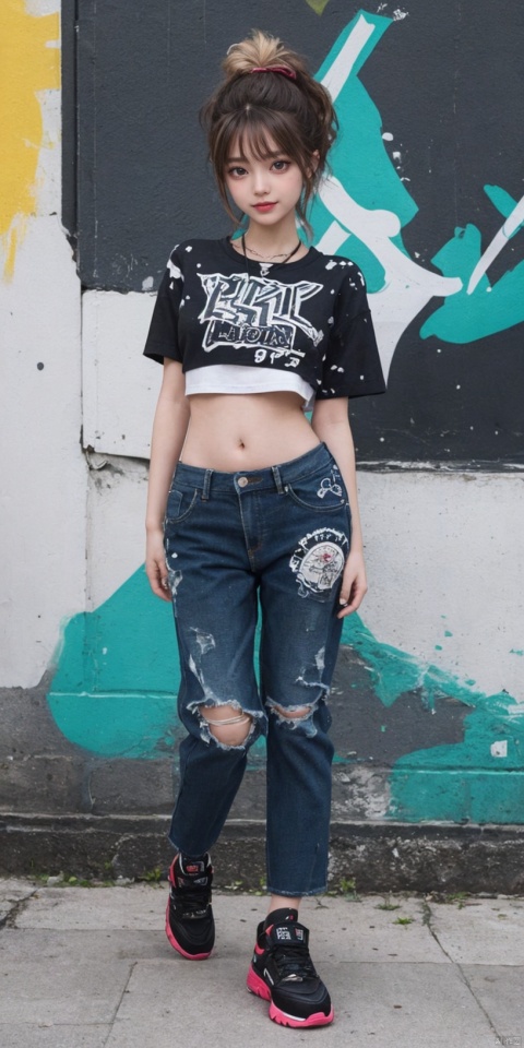  illustration, best quality, ultra-detailed, super detailed skin,cute, lovely, extremely detailed,8K,solo,1girl, detailed background,urban, 💫,⭐️,🌟,✨,night,dynamic angle,beautiful eyes,blash,smile,(streetwear:1.5),street style ,(emphasis splatter ),splatter,graffiti,spraycan,❤️,motion,navel,(croptop:0.8),(ear piercing:0.7),two-tone hair color,(cool),(HDR:1),wind
,(jitome:1.2),perfect hand,active,RETRO ART STYLE, NEON_POP ART STYLE, ART STYLE, hands behind back